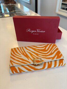 Roger Vivier Paris Orange Zebra Calf Hair Wallet on Chain Crossbody Clutch